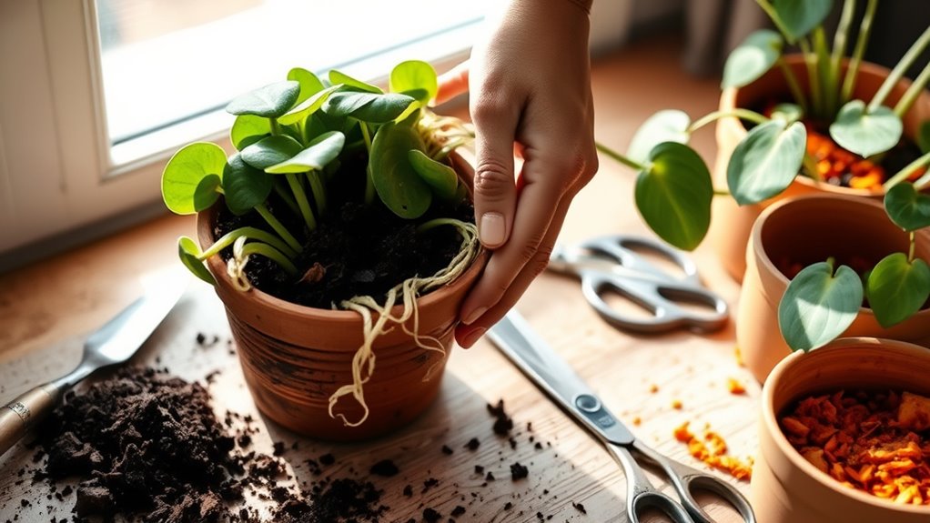repotting plants with care